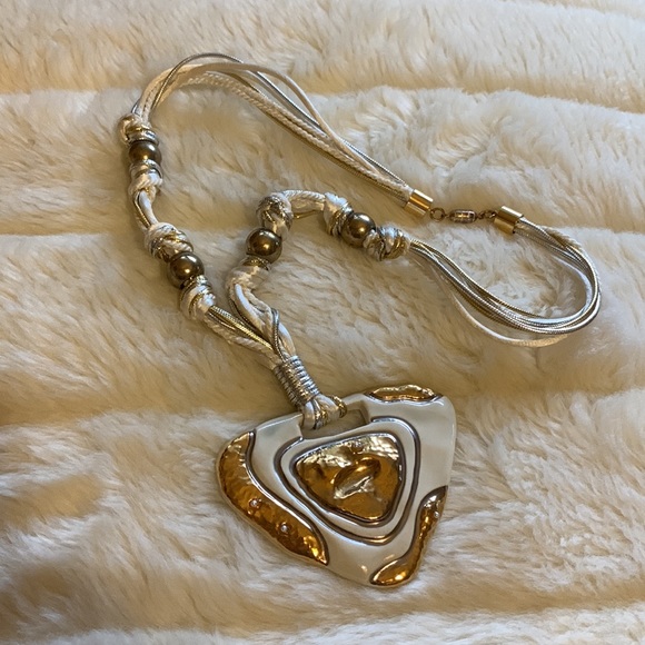 Vtg 80s necklace Artisan metallic gold pottery sculpture pendant choker - Picture 10 of 10